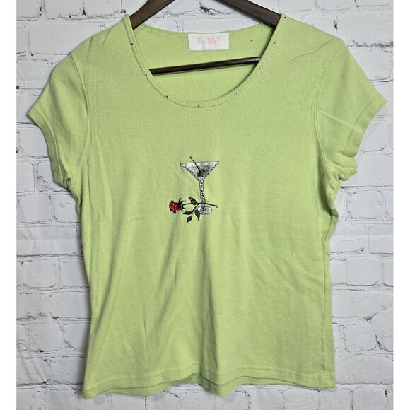 Vintage Who? Green T-Shirt Martini Glass and Rose Design No Sz Rhinestone Bling - Picture 1 of 6